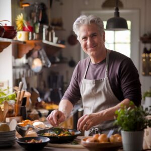 Samuel Carter, 63-year-old food enthusiast and AI expert, standing in his kitchen