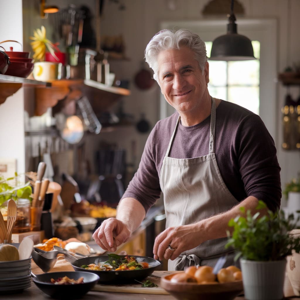 Samuel Carter, 63-year-old food enthusiast and expert, standing in his kitchen