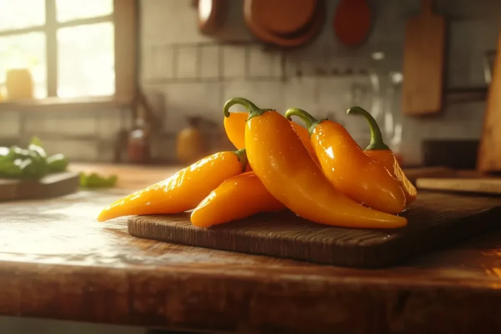 Fresh aji amarillo peppers on a table