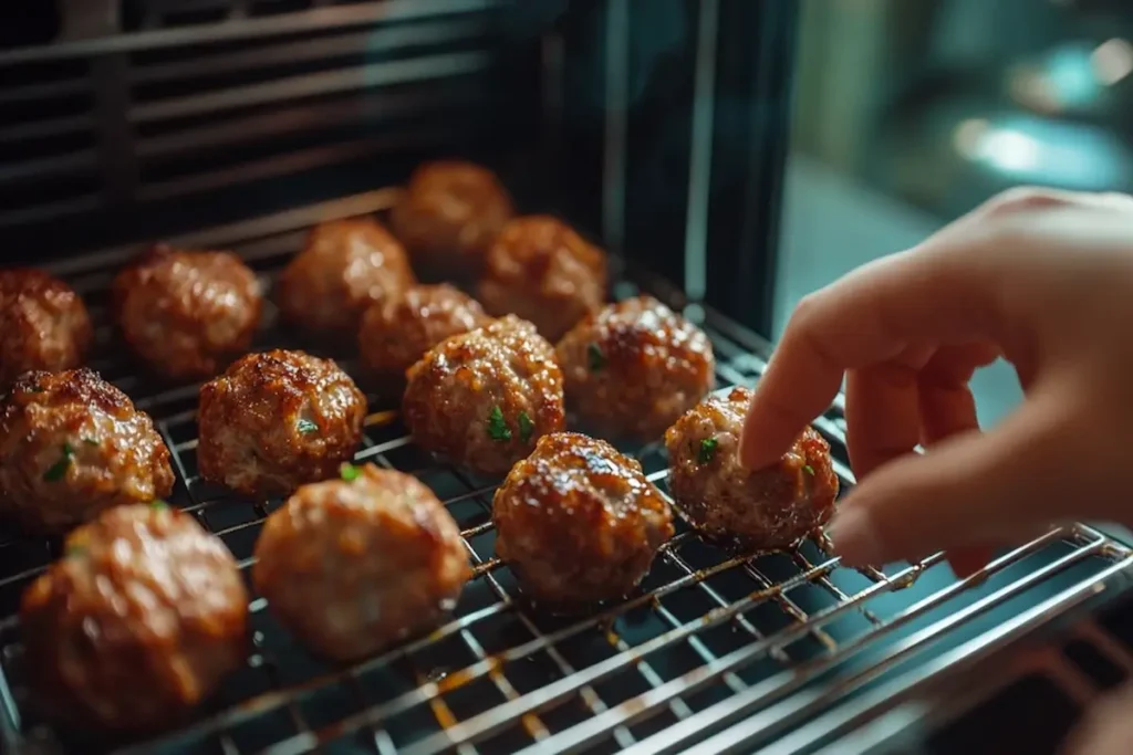 Arranging frozen meatballs in air fryer basket