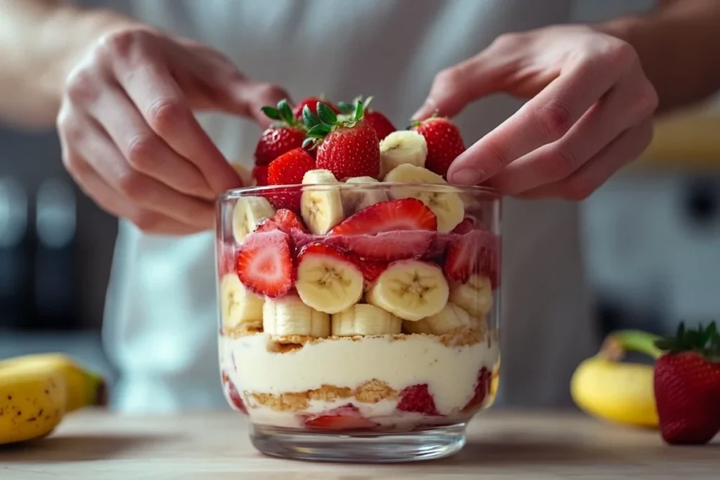 Assembling strawberry banana pudding