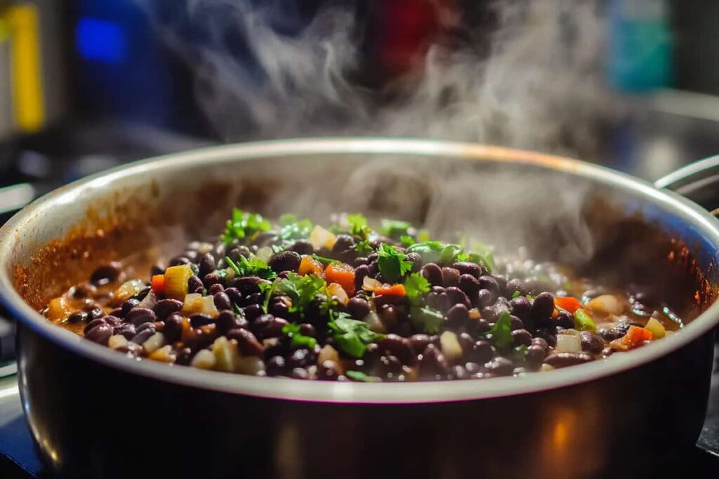 Chipotle-style black beans with lime wedges on a countertop