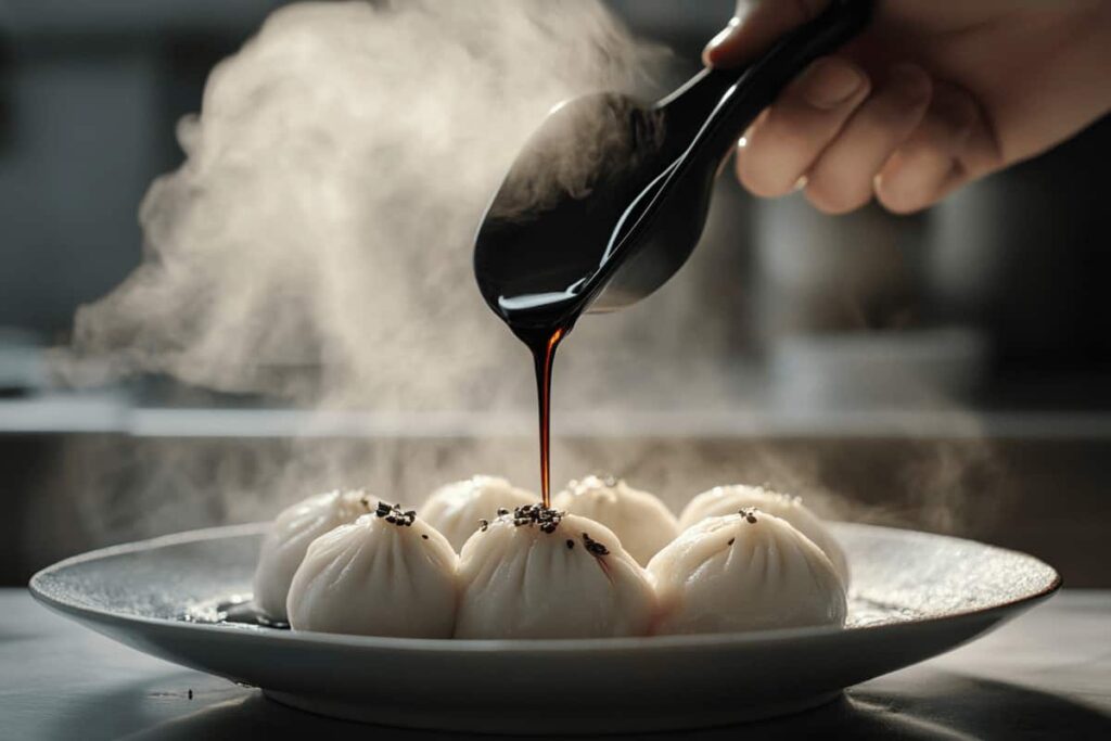 Hand pouring black vinegar over steamed buns in a kitchen.