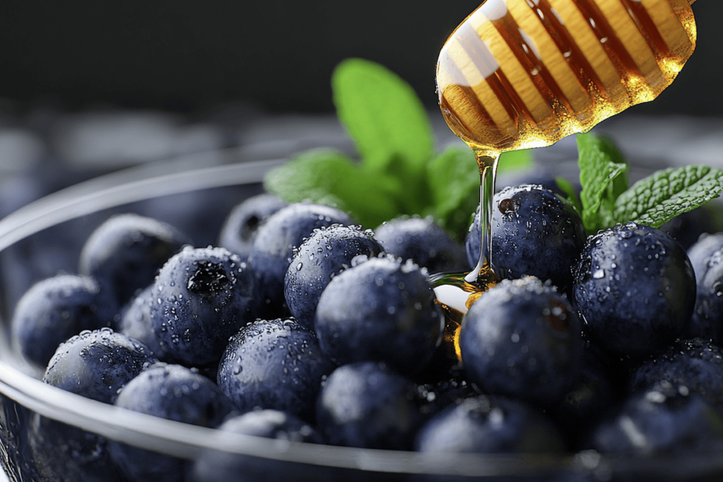 Bowl of fresh blueberries drizzled with honey showcasing how to increase blueberry flavor in a modern kitchen.