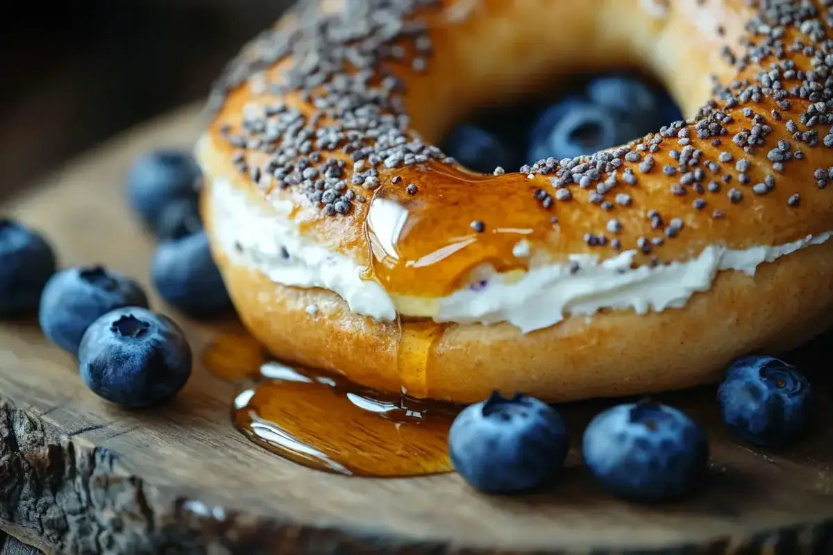 Blueberry bagel with cream cheese and honey on a wooden counter.