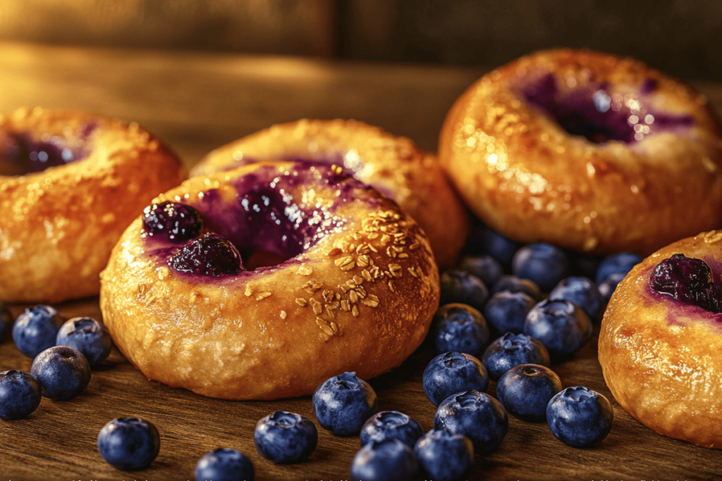 Freshly baked blueberry bagels showcasing how to increase blueberry flavor on a wooden countertop.