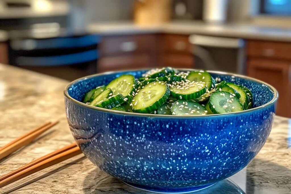 Bowl of Japanese cucumber salad on a wooden kitchen counter with chopsticks