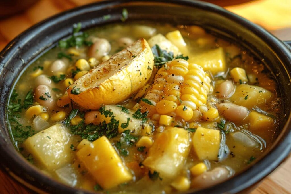 A steaming bowl of Three Sisters soup made with corn, beans, and squash