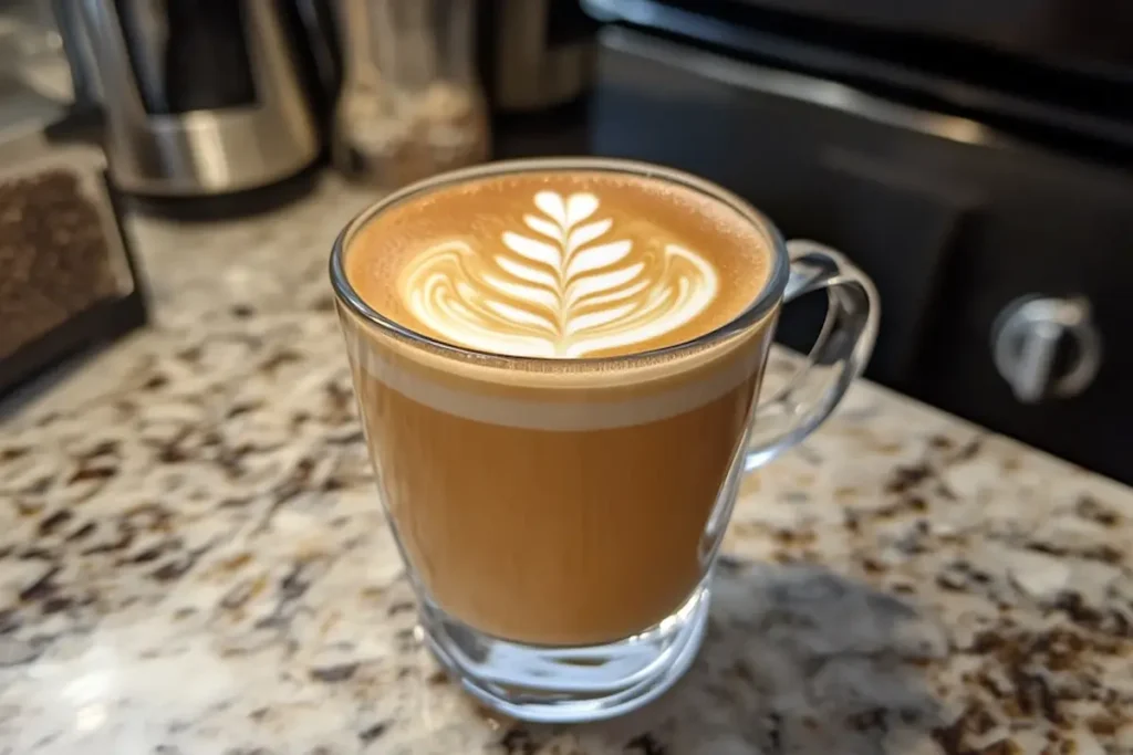 A close-up of a creamy breve latte in a clear glass cup, showcasing its rich foam and velvety layers on a wooden countertop in a warm, modern kitchen setting.