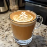 A close-up of a creamy breve latte in a clear glass cup, showcasing its rich foam and velvety layers on a wooden countertop in a warm, modern kitchen setting.