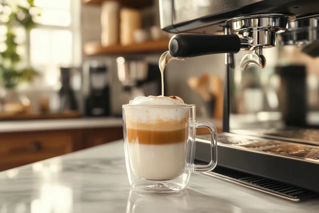 Pouring breve milk over espresso