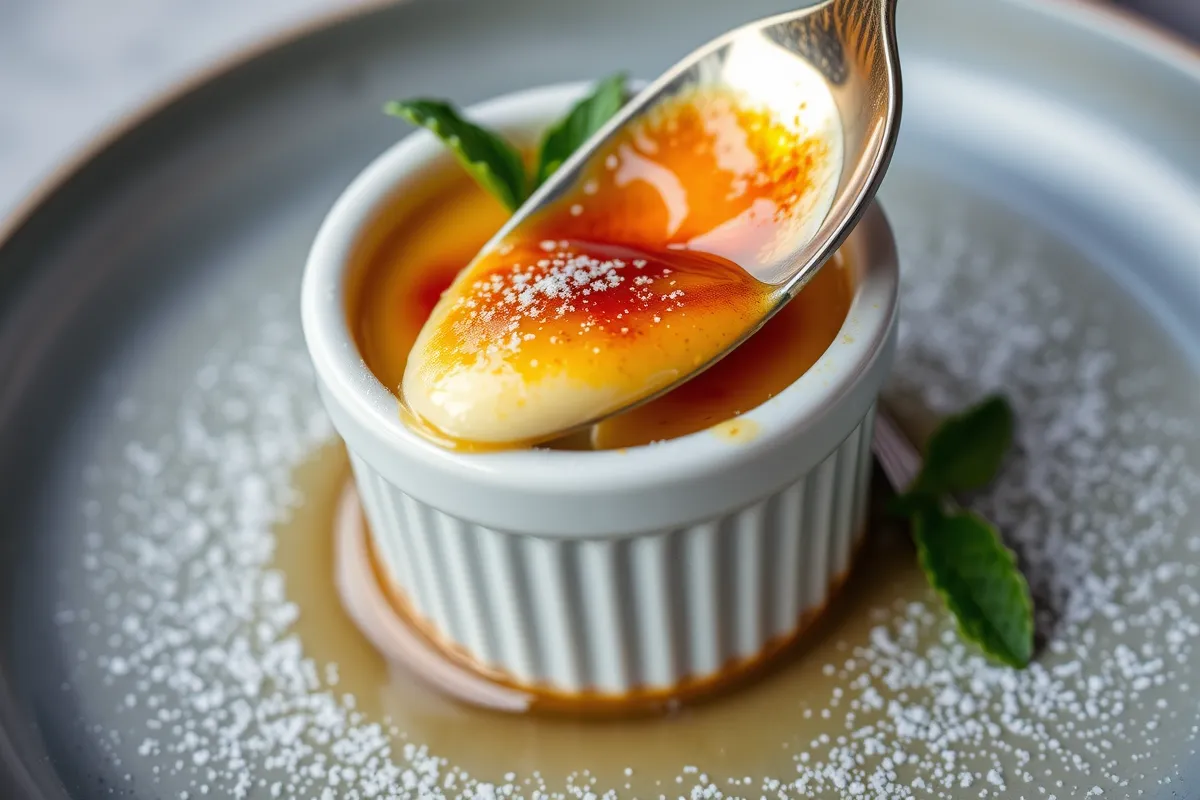 Close-up of a caramelized crème brûlée with a golden crust and fresh mint garnish