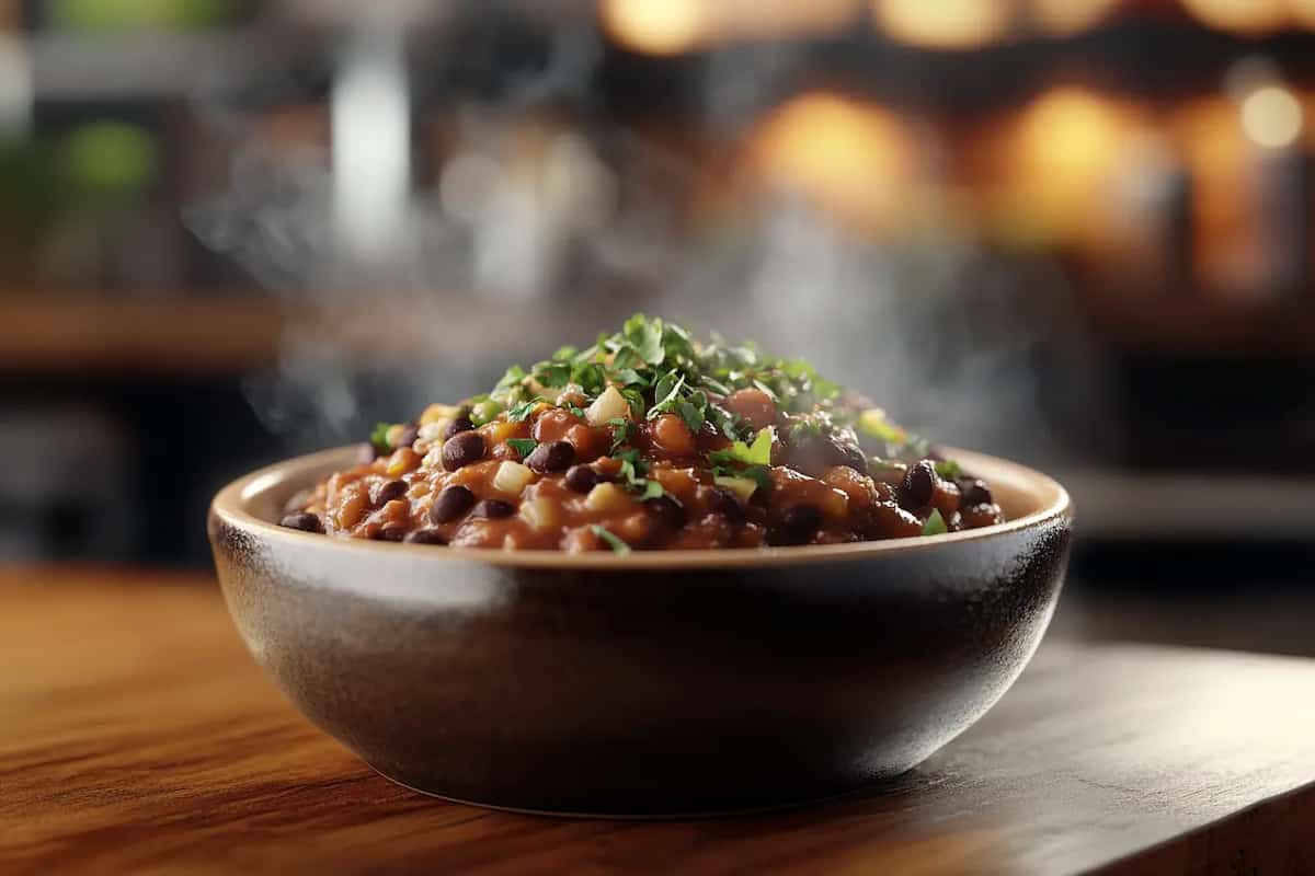 Black beans simmering in a pot with herbs and spices