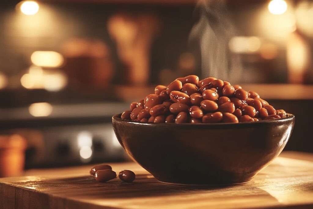 Freshly cooked pinto beans served in a bowl on a wooden countertop.