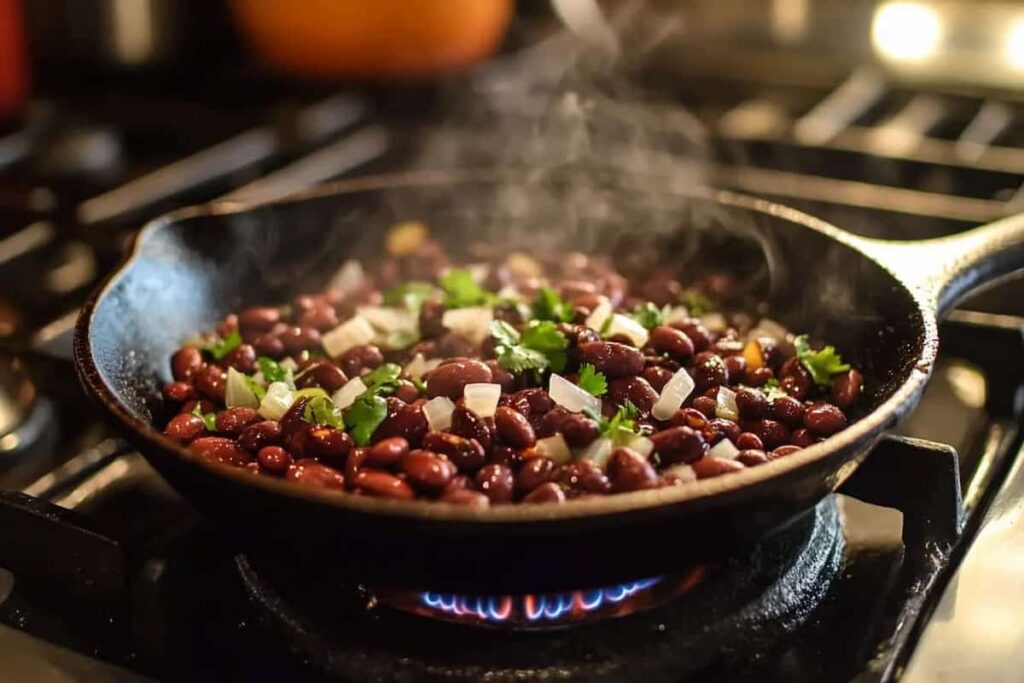 Black beans sautéed with onions, garlic, and cumin in a skillet