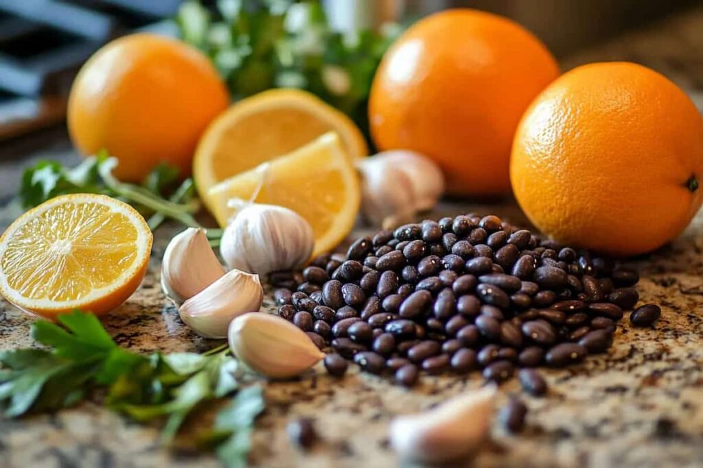 Ingredients for Chipotle black beans: beans, onions, garlic, cumin, and citrus