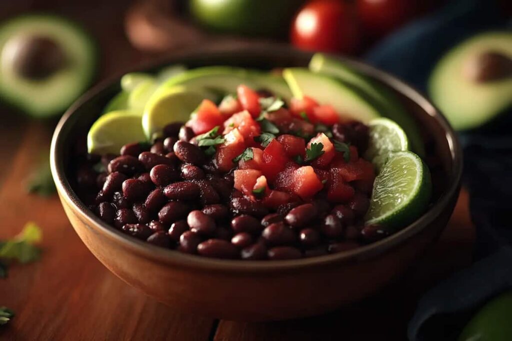 Black beans in a Chipotle bowl with tomatoes and avocado