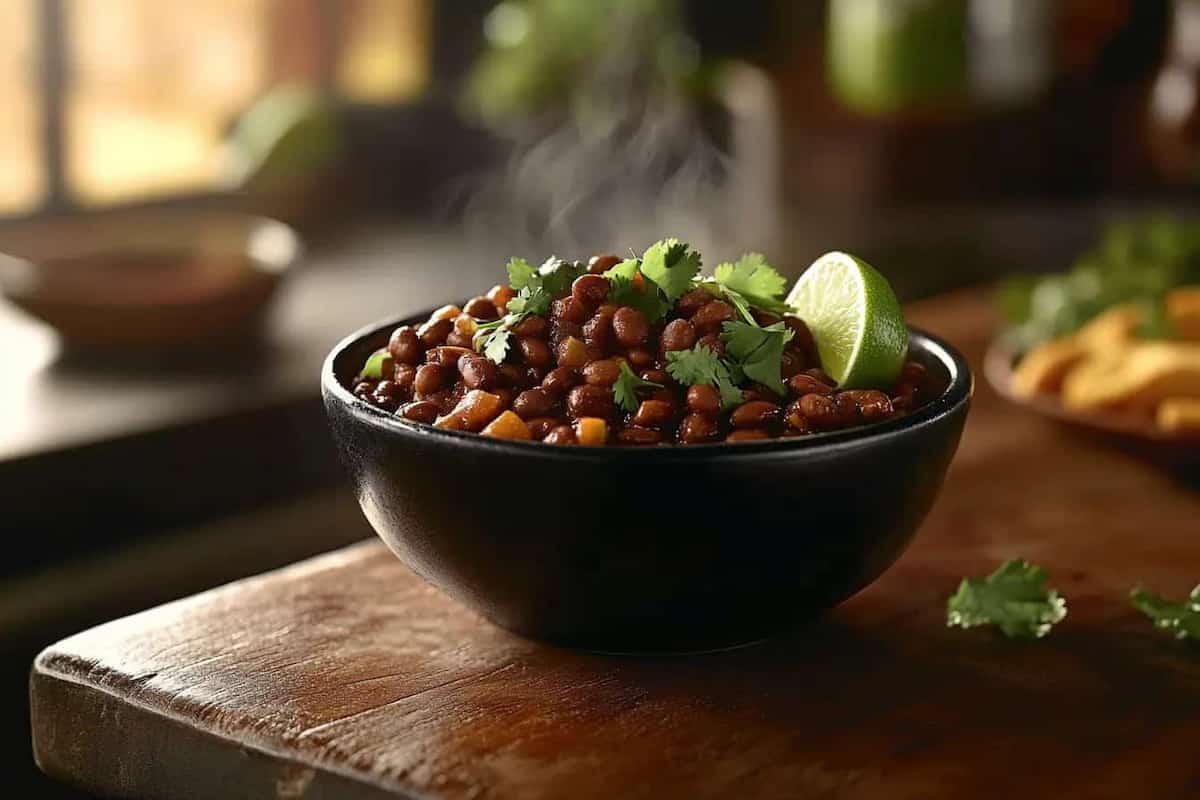 Steaming bowl of Chipotle black beans with cilantro and lime