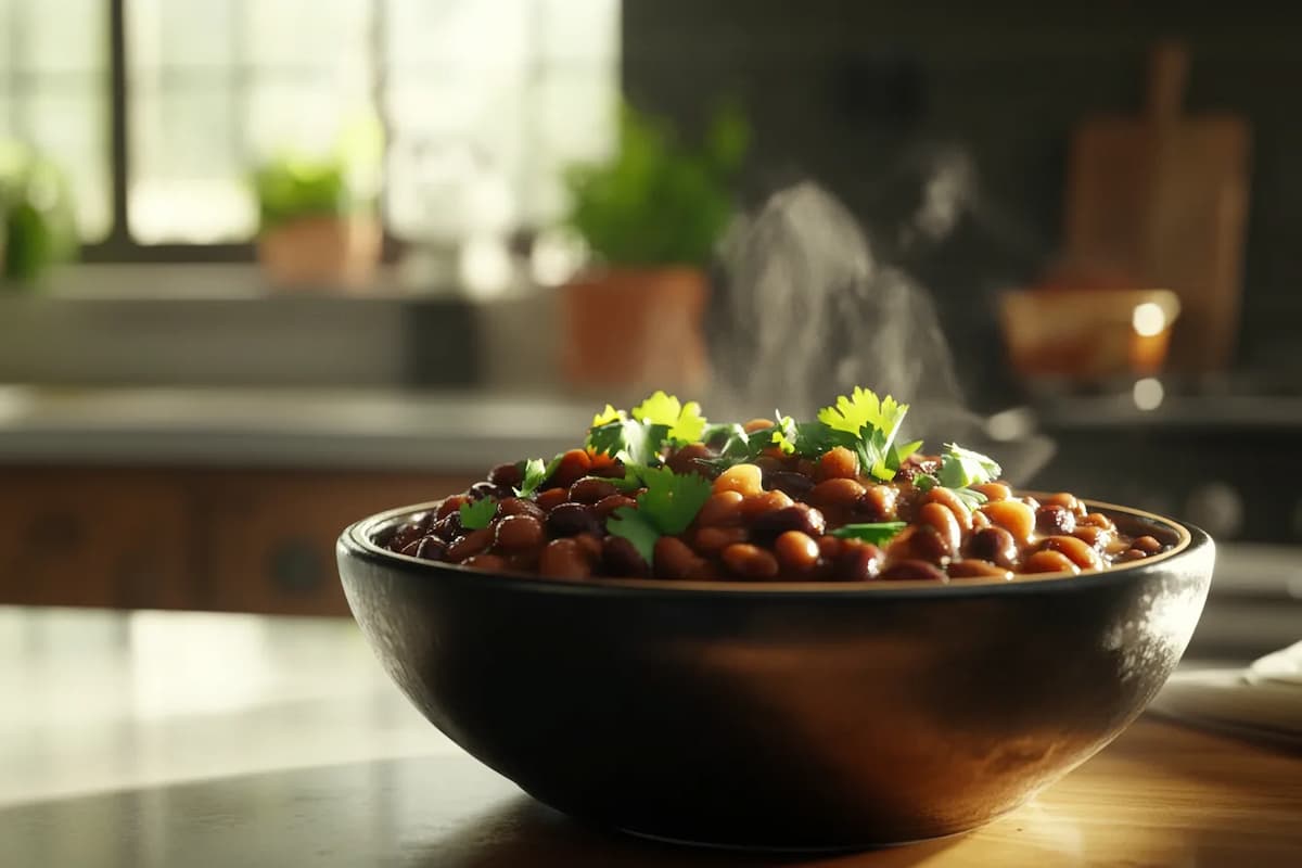 Close-up of Chipotle’s black and pinto beans in a rustic kitchen setting.