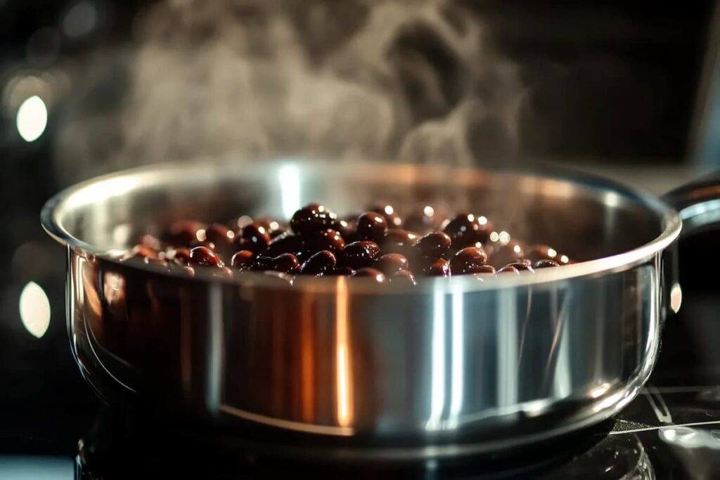 Black beans simmering in a stainless steel pot in a kitchen.