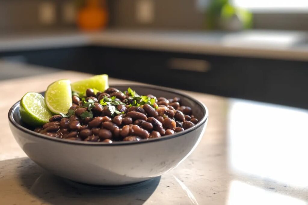 A steaming bowl of freshly cooked black beans served at Chipotle.