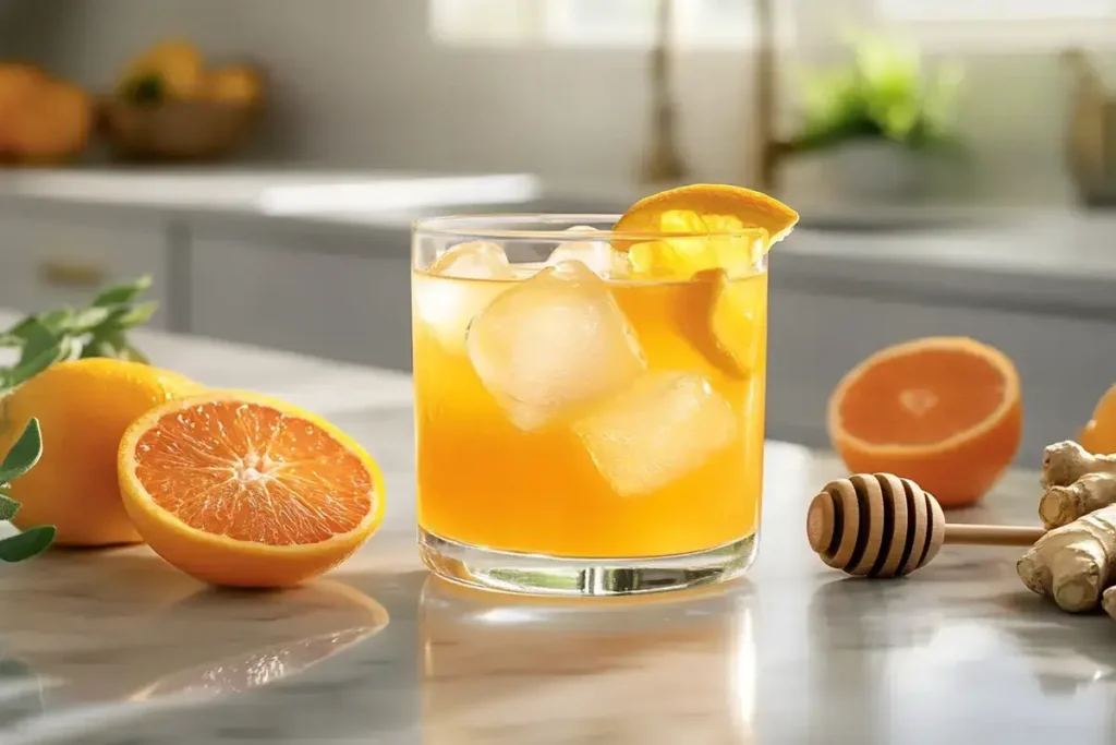 Vibrant orange immunity shot with citrus and honey, styled on a marble countertop.