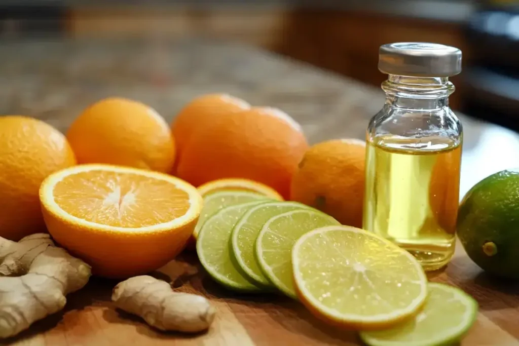 Citrus immunity shot with oranges, limes, and ginger on a kitchen counter.