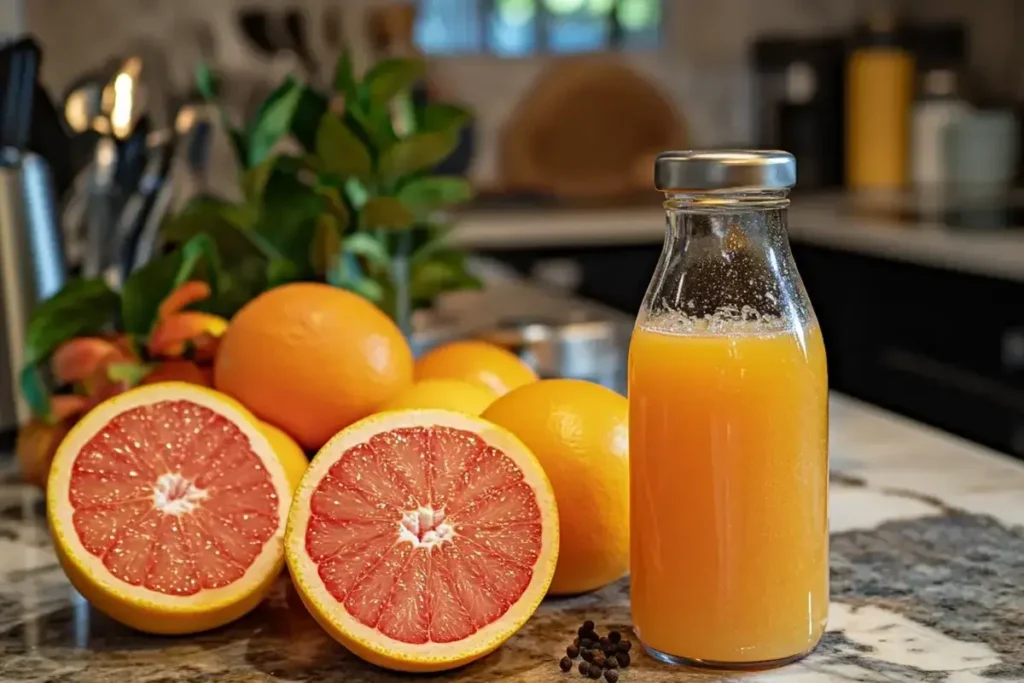 Citrus immunity shot on a marble counter in a bright kitchen.