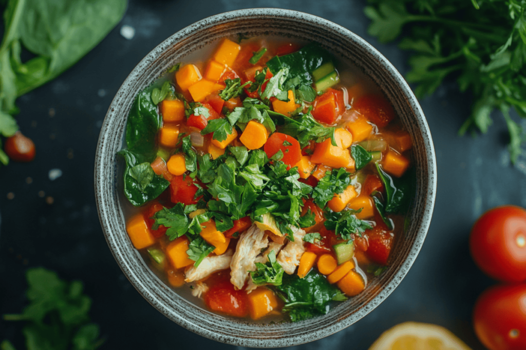 Close-up of a nutrient-rich vegetable soup with lean protein, surrounded by fresh vegetables and herbs on a wooden surface.