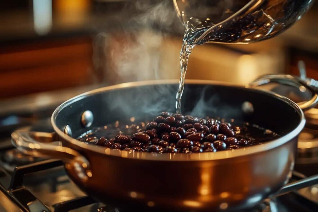 Condor black beans boiling in a pot on a stovetop