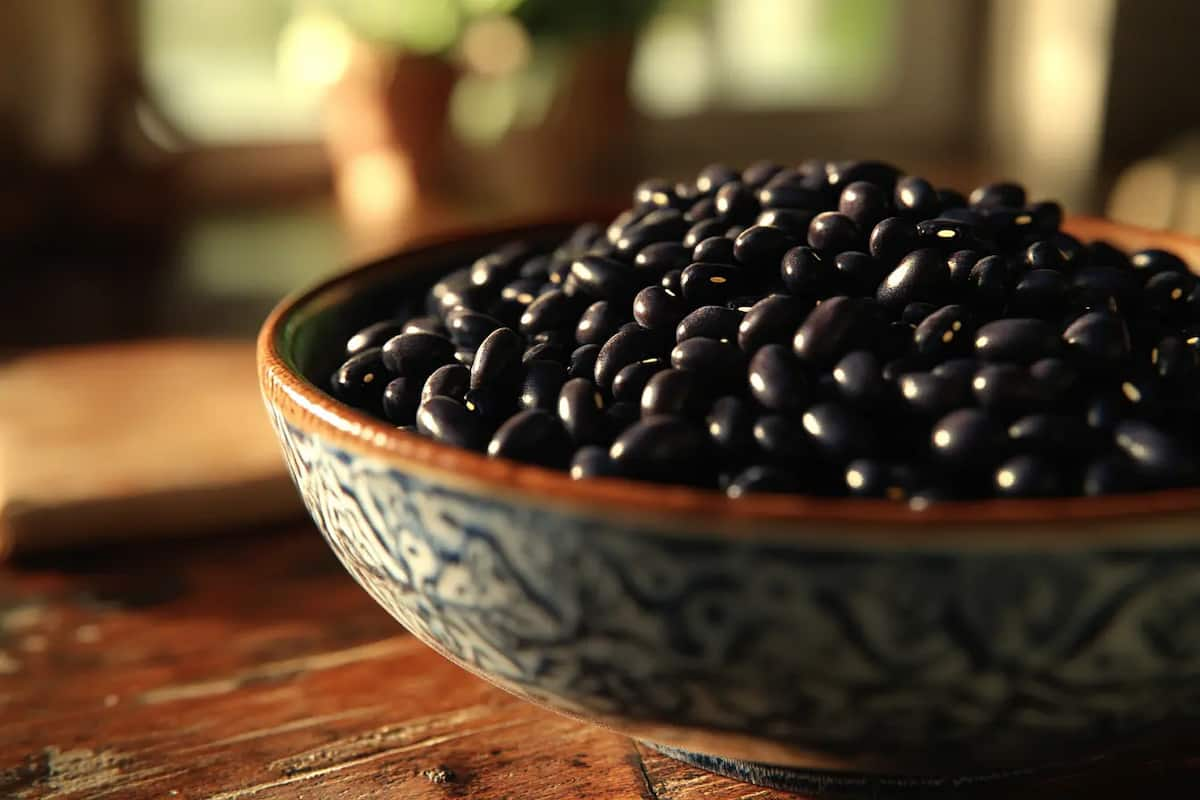 Bowl of Condor, Blackhawk, Domino, Valentine, and Black Magic black beans in a kitchen.