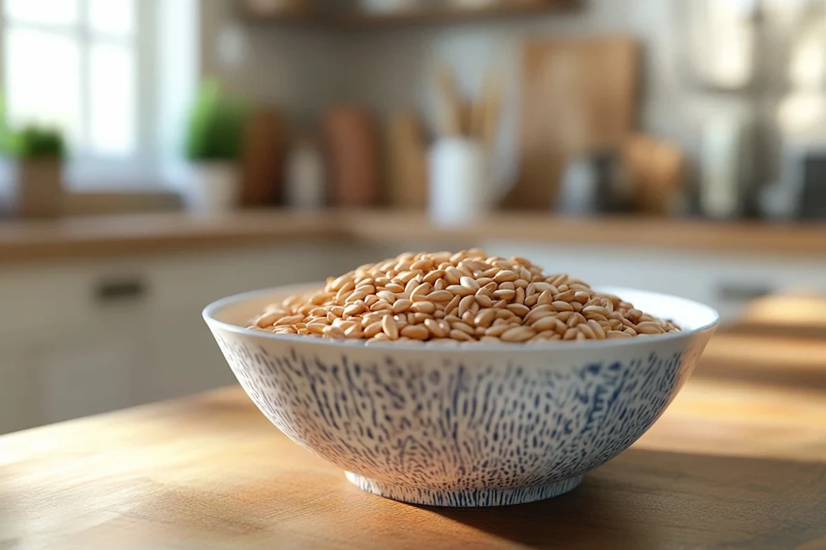 Bowl of cooked wheatberries on kitchen counter