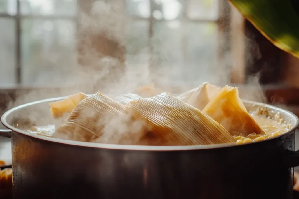 Steaming tamal colombiano in banana leaves.