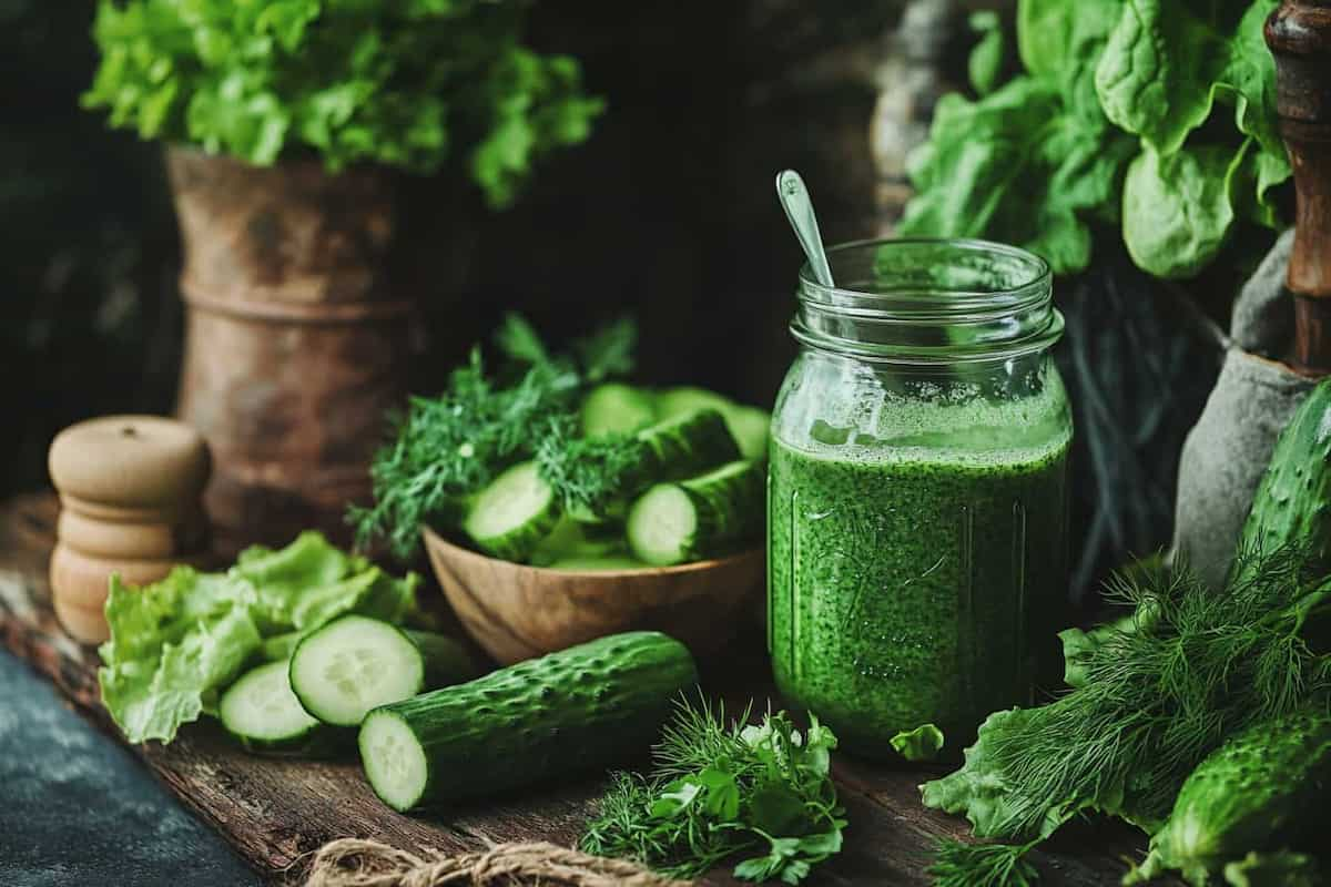 Creamy cucumber dressing in a jar with fresh cucumbers and dill