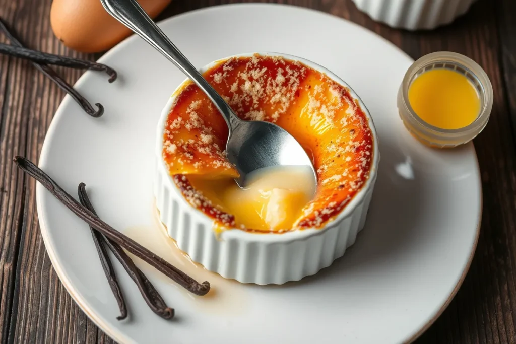 Crème brûlée with caramelized sugar topping on a rustic table.