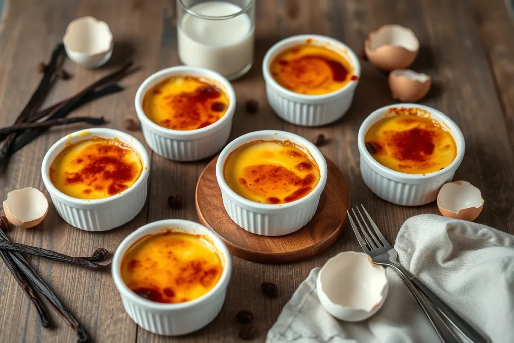 Table with ramekins of crème brûlée surrounded by vanilla beans, eggshells, and cream