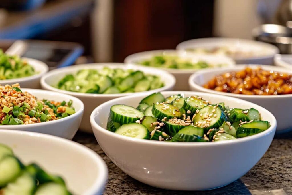 Different cucumber salad bowls with various toppings.