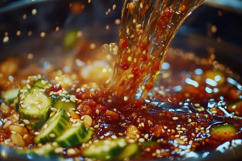 Fresh cucumber salad glistening with chili oil and sesame seeds.