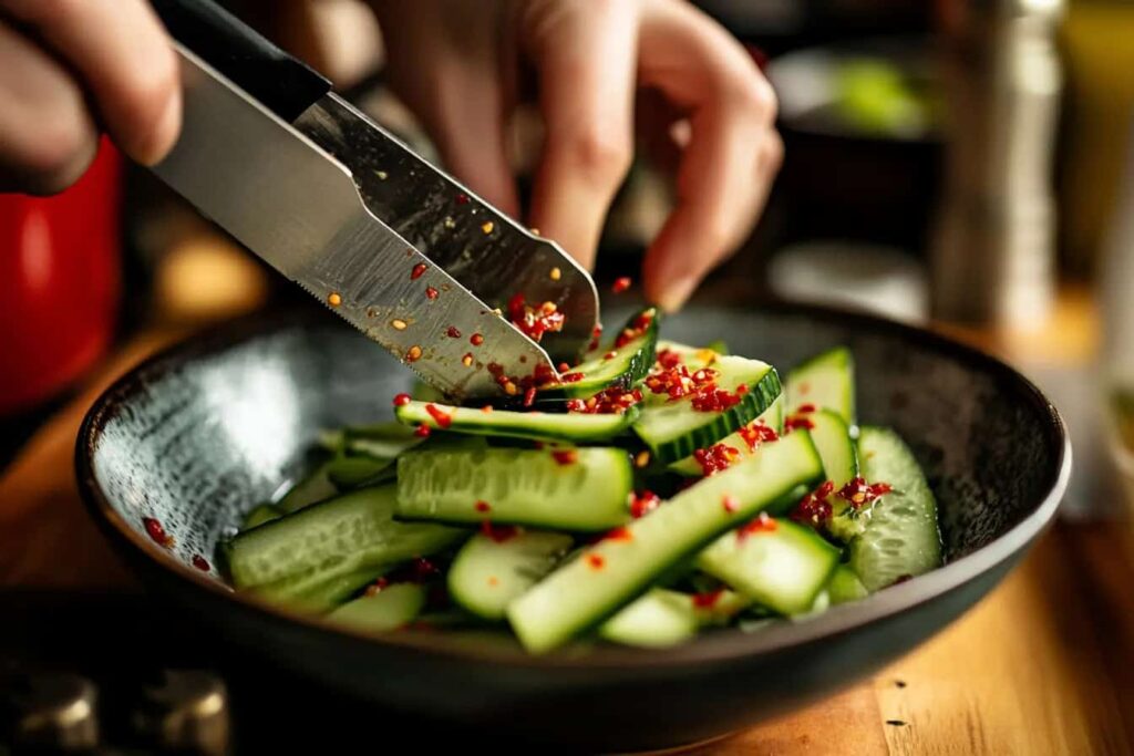 Person slicing cucumbers with a mandoline for the viral TikTok trend.