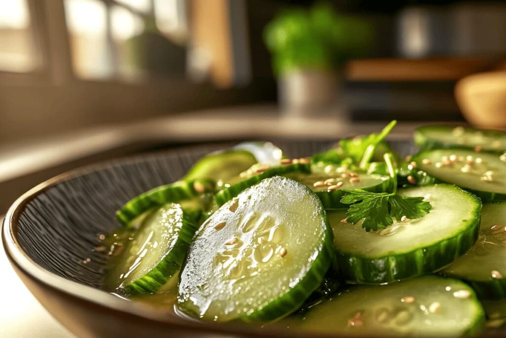 Freshly prepared Din Tai Fung cucumber salad with rice vinegar and garlic