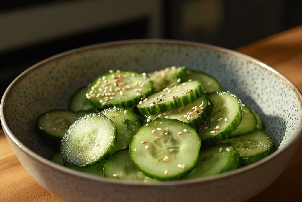 Din Tai Fung-style cucumber salad sprinkled with sesame seeds.