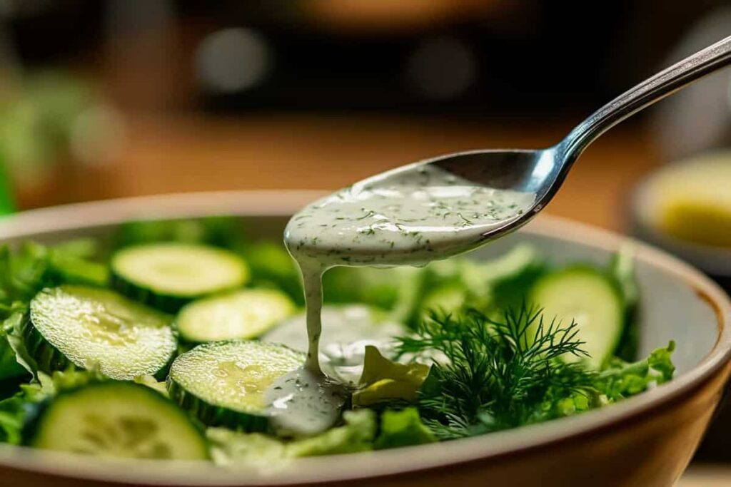 Spoon drizzling cucumber dressing over a fresh salad.