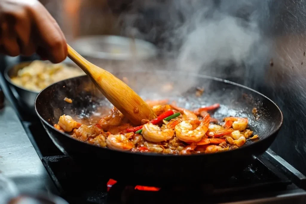 Fantail shrimp frying in skillet