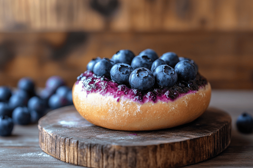 Homemade blueberry bagel with fresh blueberries on a wooden countertop