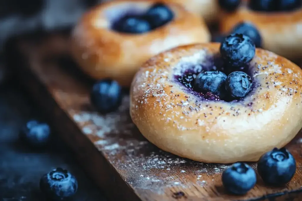 Fresh blueberry bagels on a wooden kitchen counter, close-up shot. Title: Fresh Blueberry Bagels Close-Up