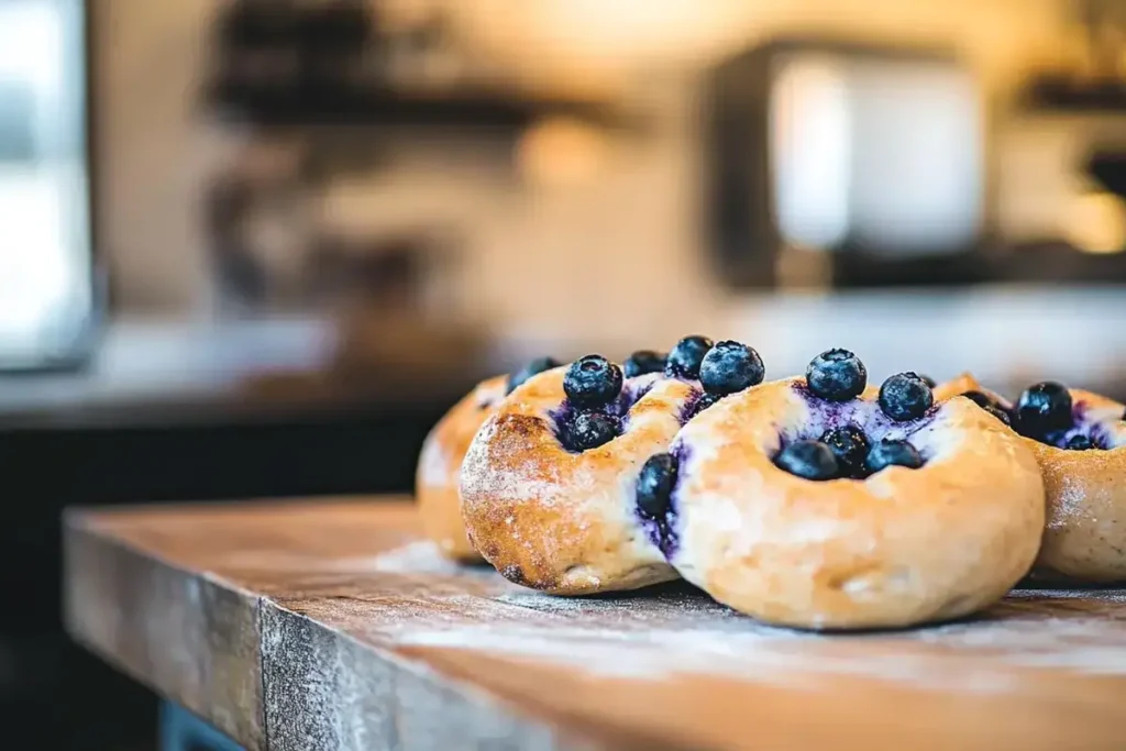 Freshly baked blueberry bagels on a wooden countertop in a cozy kitchen