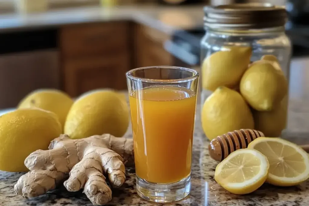 A freshly prepared immunity shot with ginger, turmeric, and lemon on a wooden countertop.