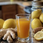 A freshly prepared immunity shot with ginger, turmeric, and lemon on a wooden countertop.