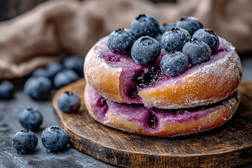 Blueberry bagel with frozen blueberries and frost, sliced open in a cozy kitchen.