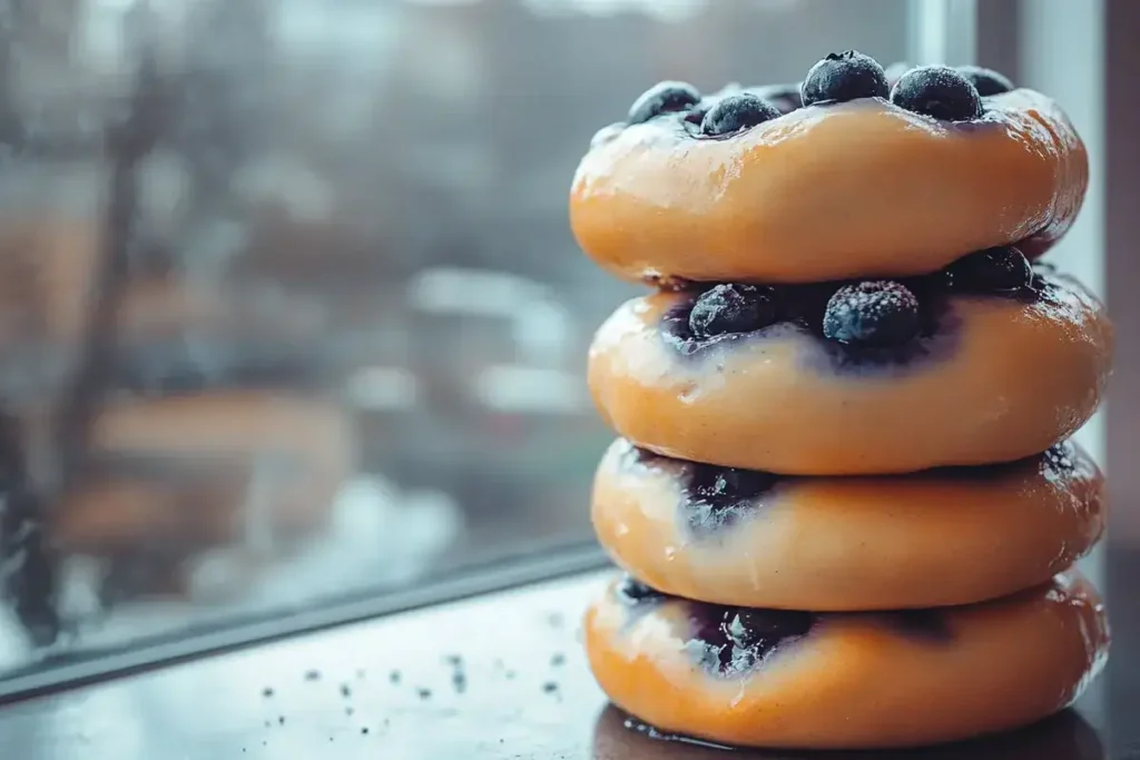 Blueberry bagels with frozen blueberries on a modern countertop.